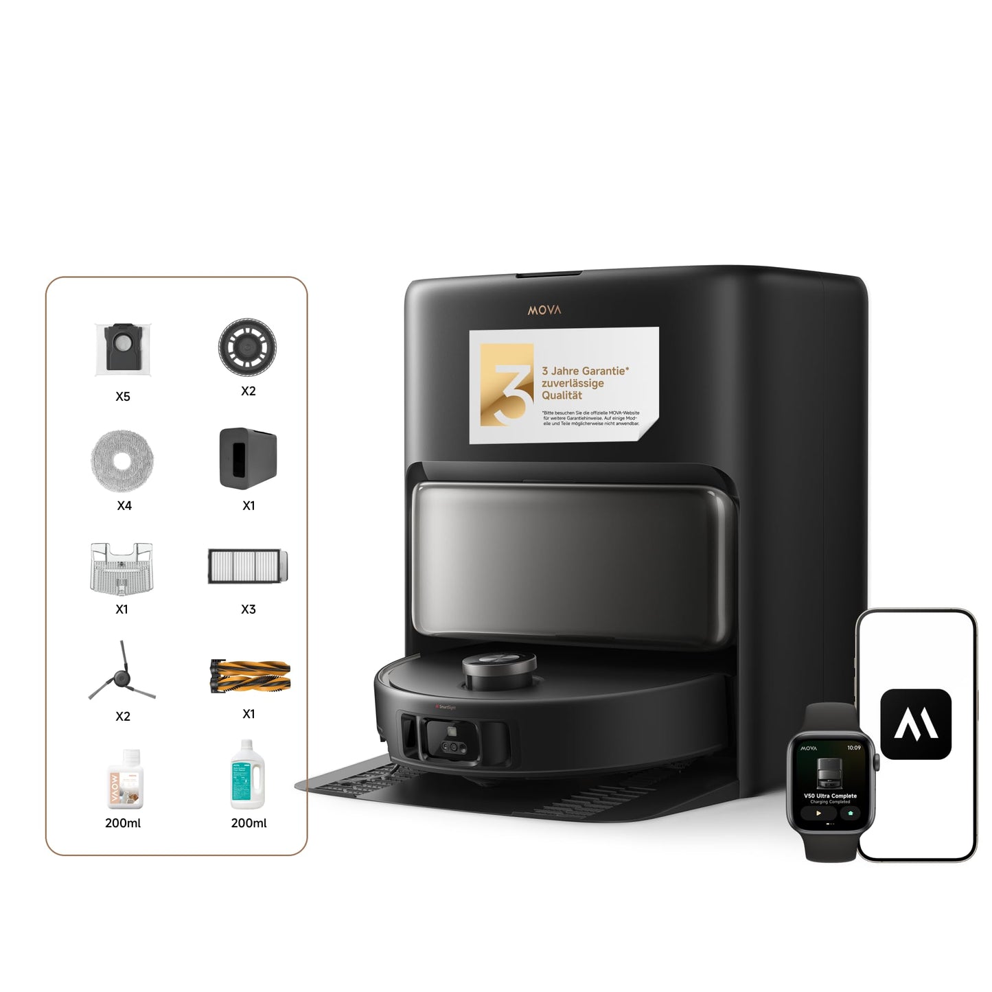 Mova V50 Ultra Complete Saugroboter mit Wischfunktion, Einer Saugkraft von 24.000 Pa, anhebbare Navigation mit 6 cm Hindernisüberwindung und Warmwasser-Wischen mit DuoSolution-System, weiß