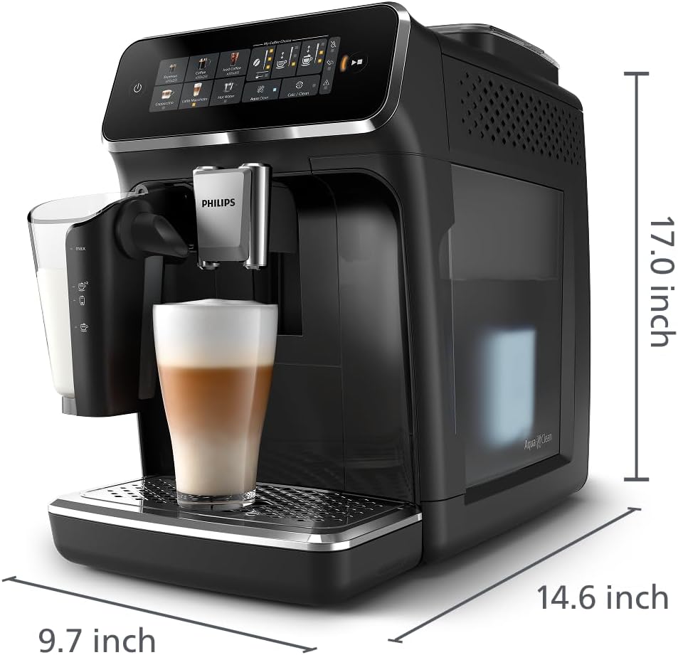 Philips 3300 Series Fully Automatic Espresso Machine with LatteGo Milk System and integrated grinder, 6 Hot & Iced Coffee Pre-Sets, 40% Quieter SilentBrew, 15-Bar Pressure, Glossy Black (EP3341/50)