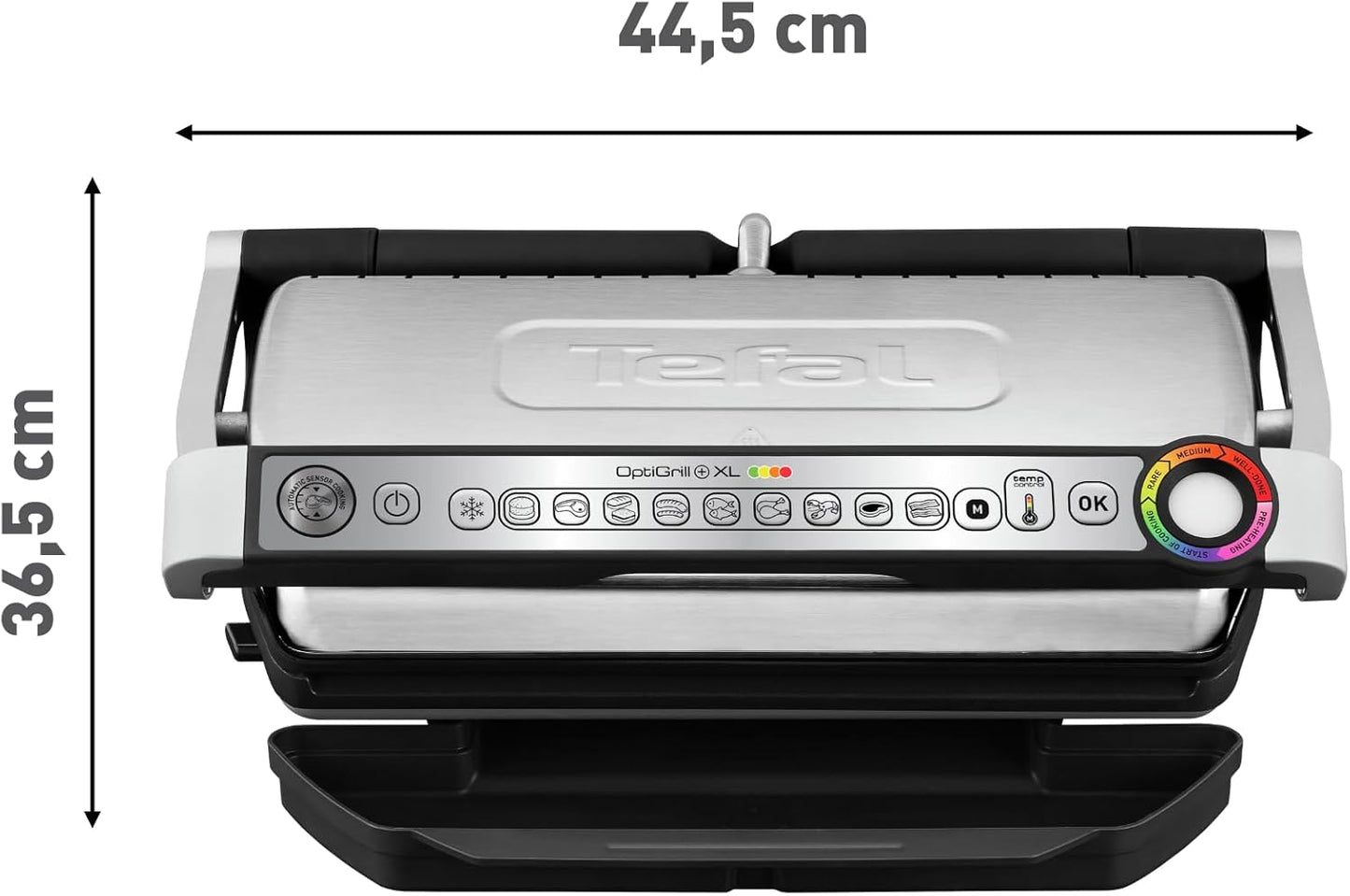 Tefal OptiGrill+ XL Kontaktgrill, 9 Programme, Garstufenanzeige, Abnehmbare XL-Platten, Manueller Modus, Elektrogrill, Edelstahl, GC722D16