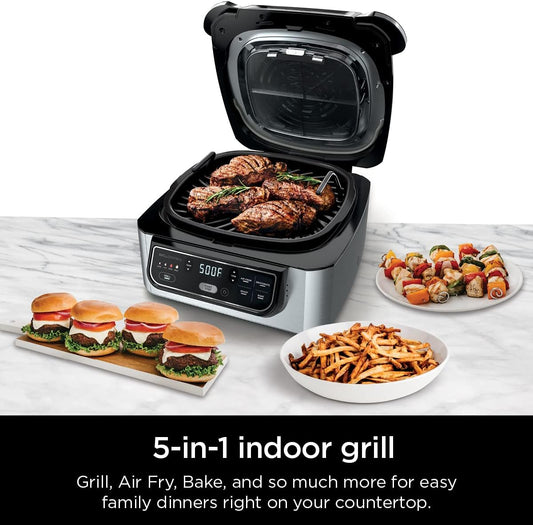 Ninja | Indoor Grill | Foodi | 5-in-1 (Grill, Air Fry, Roast, Bake, and Dehydrate | Fits up to 3lb Roast | Smoke Control System and Dishwasher Safe Parts| Black/Grey | AG301