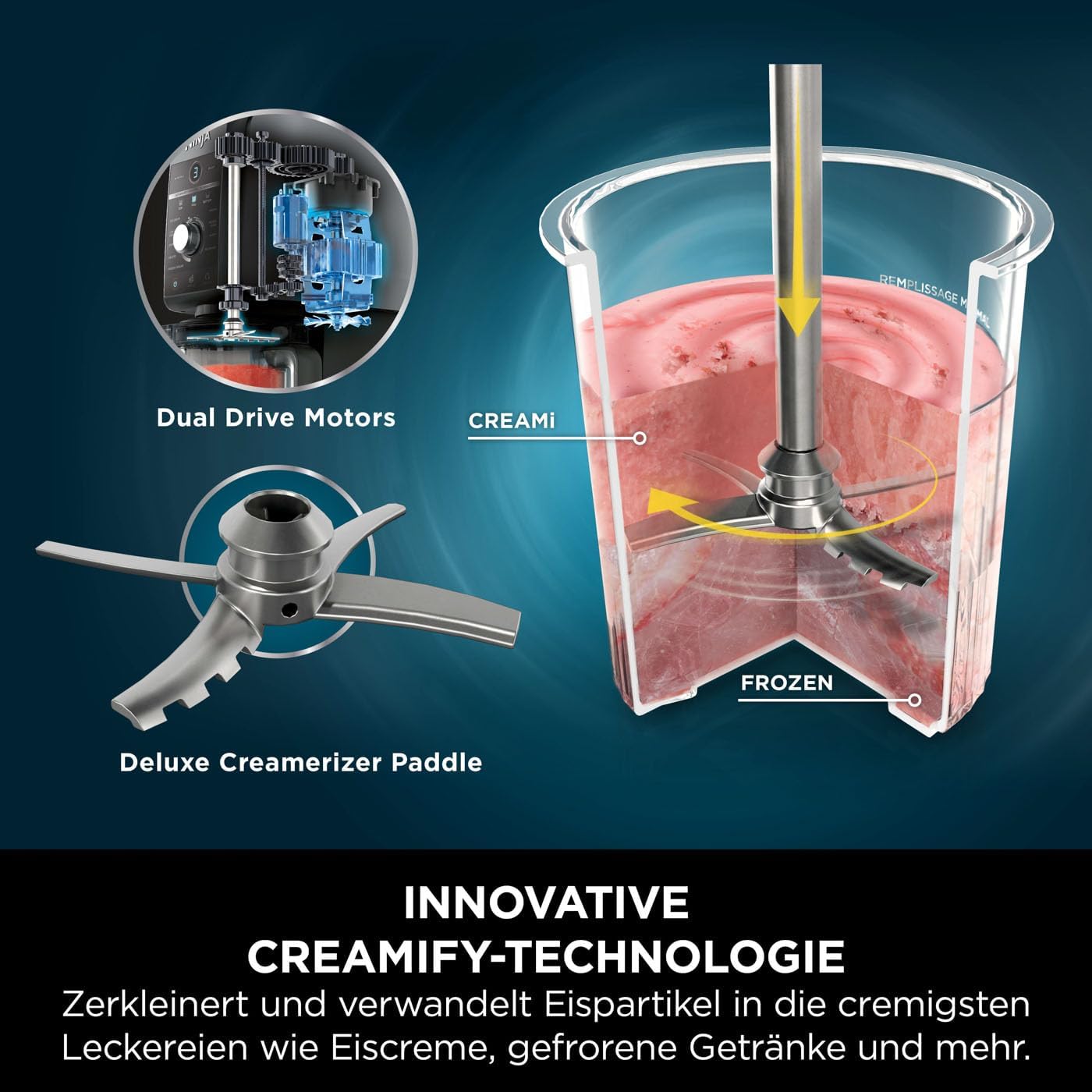 Ninja CREAMi Deluxe Eis-und Eisgetränkmaschine mit 3 Bechern, 10 Funktionen, macht Eiscreme, Gelato, Sorbet, Frozen Yoghurt, Milchshakes, Slushi & mehr, 2-in-1 Geschmacksoption, Silber, NC501EU