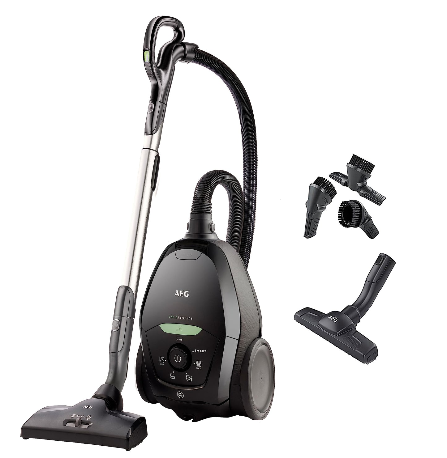 AEG Staubsauger mit Beutel, 70% Recyclingmaterial, inkl. Zusatzdüsen, 12 m, 850 Watt, nur 65 dB(A), 5 l Staubbeutelvolumen, Waschbarer Filter, Neue Technische Version, schwarzgrün, VX9-2-ÖKO