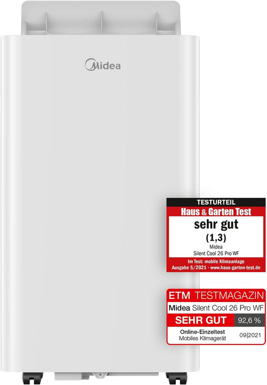 Midea Mobiles Klimagerät Silent Cool 26 Pro WF, 9000 BTU 2,6kW, Kühlen&Ventilieren&Entfeuchten, Raumgröße bis 88m³(33㎡), APP-Steuerung/Alexa/Google Home/IFTTT, Mobile Klimaanlage mit Abluftschlauch