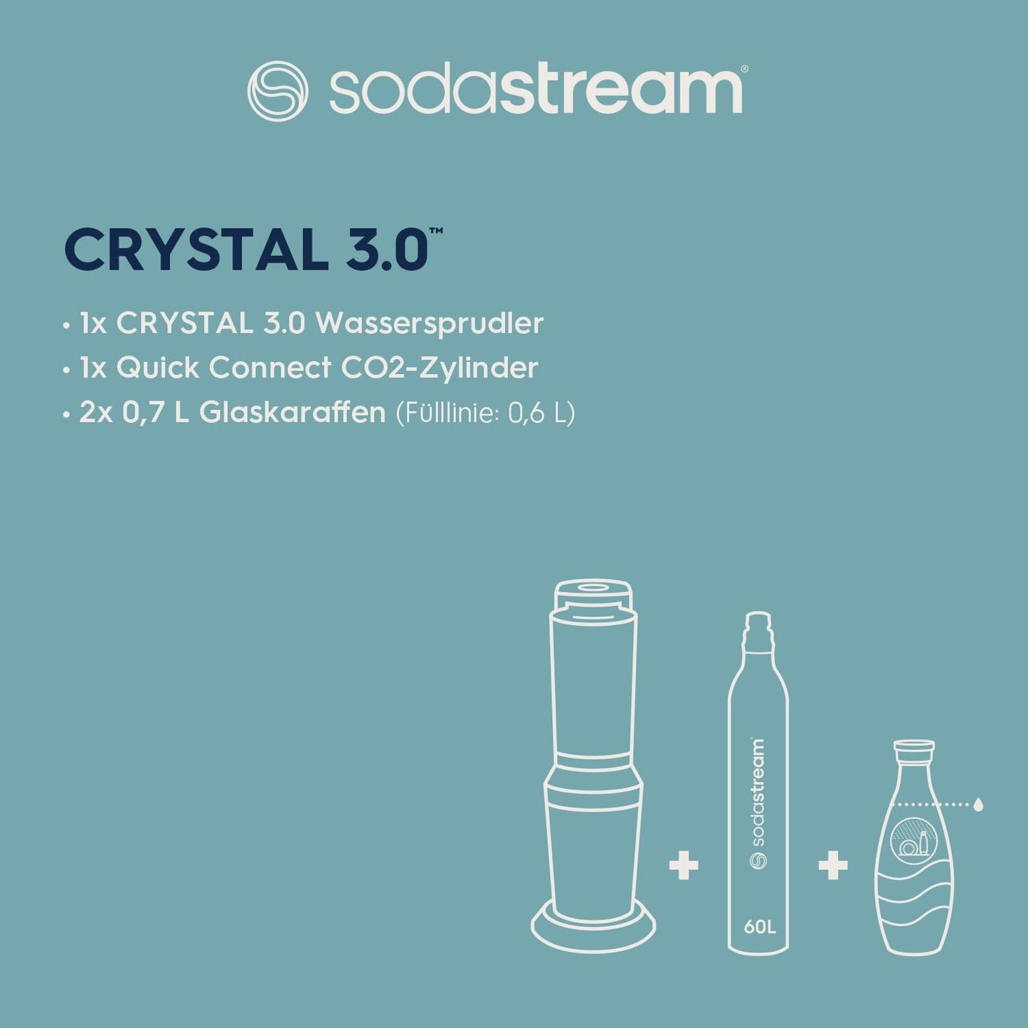 SodaStream Wassersprudler CRYSTAL 3.0 mit Quick-Connect CO2-Zylinder| inkl. 2x 0,8L CRYSTAL Glasflasche | Farbe: Titan