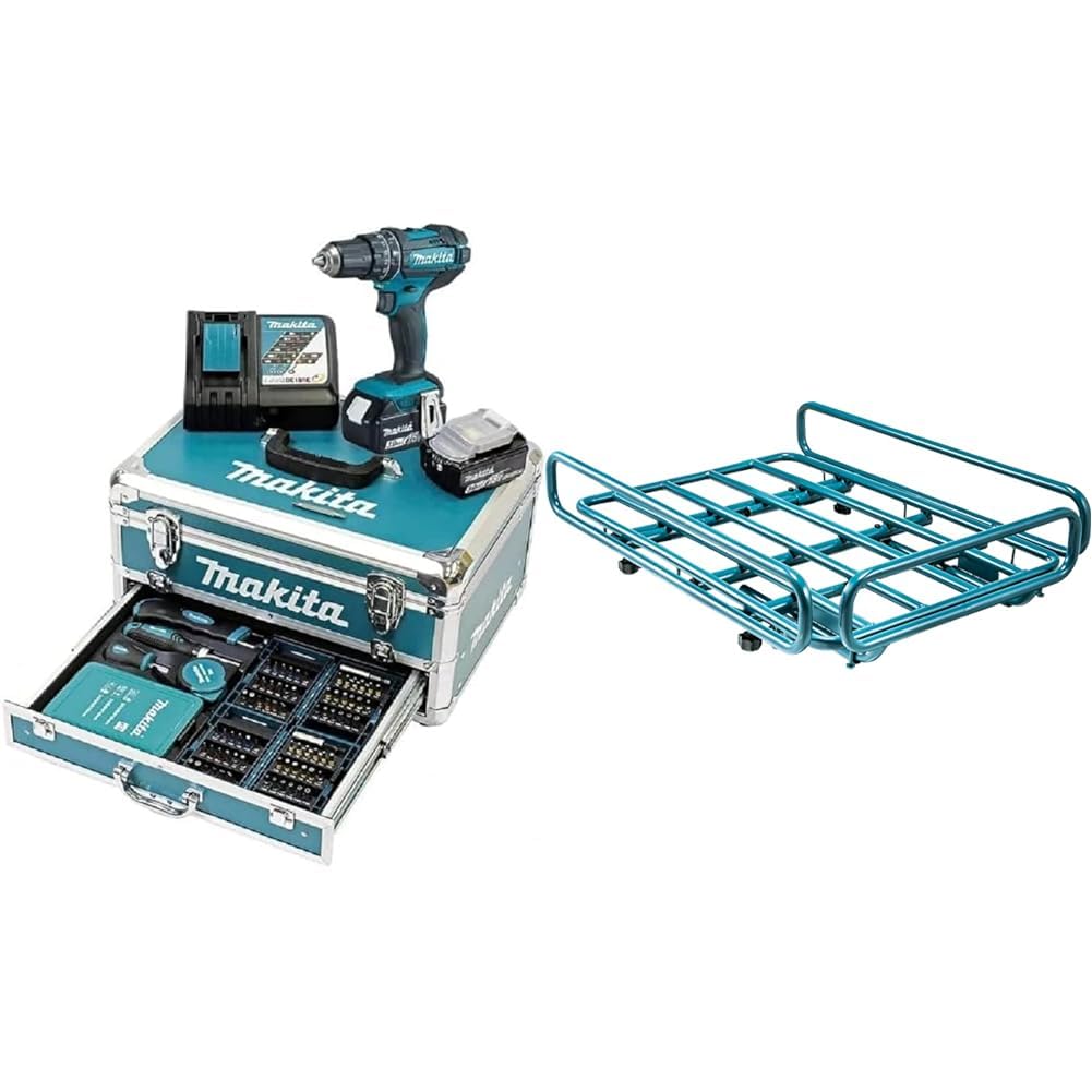 Makita DHP482RFX9 Schlagbohrschrauber 18V / 3,0 Ah, 2 Akkus plus Ladegerät im Alukoffer, Petrol, 96-tlg. Zubehör-Set