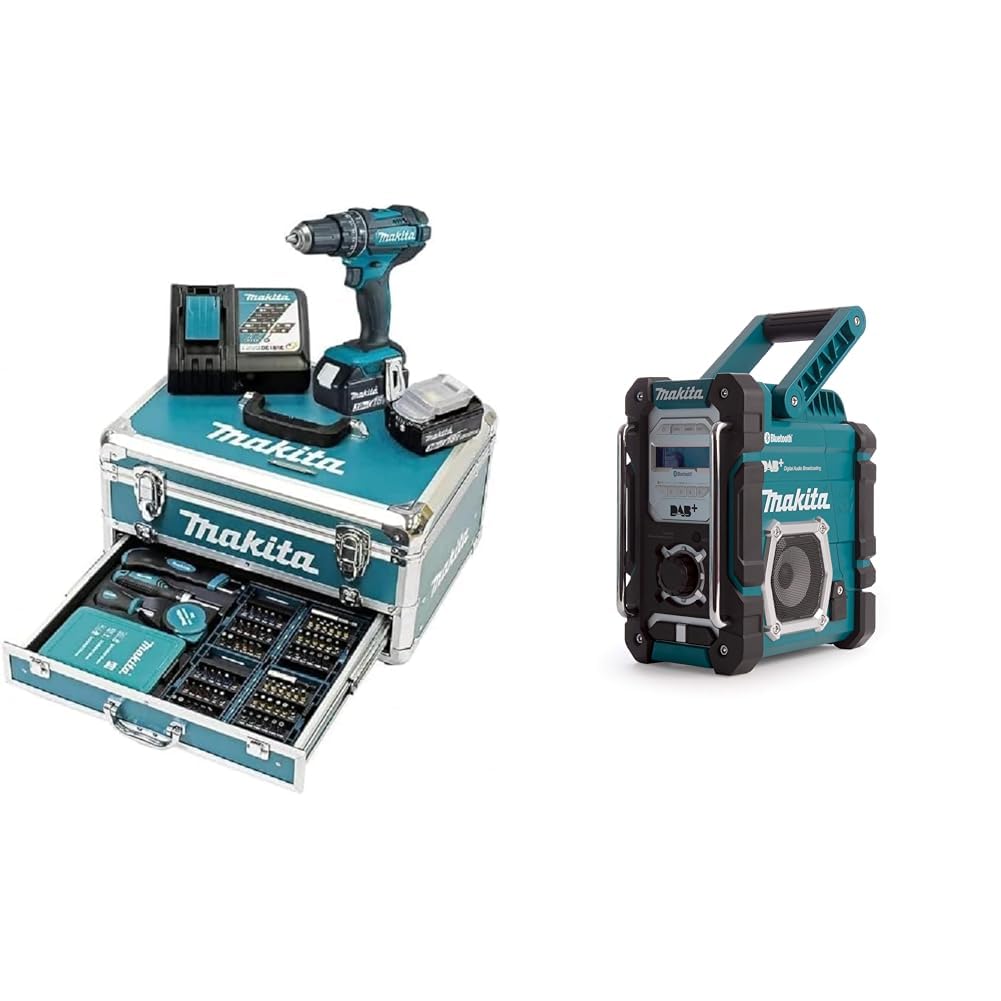 Makita DHP482RFX9 Schlagbohrschrauber 18V / 3,0 Ah, 2 Akkus plus Ladegerät im Alukoffer, Petrol, 96-tlg. Zubehör-Set