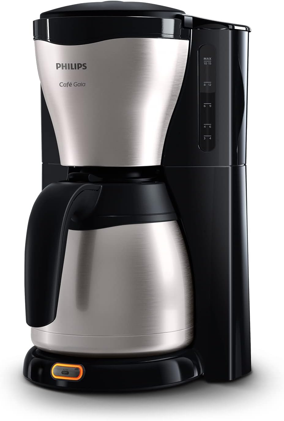 Philips Café Gaia Filterkaffeemaschine – Edelstahl-Thermoskanne, Tropf-Stopp, Intensives Aroma, Automatische Abschaltung, 1.300 ml, Schwarz (HD7546/20)
