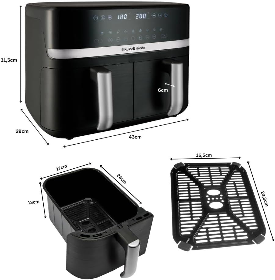 Russell Hobbs Heißluftfritteuse 2 Kammern 9L Rapid AirFryer [2 Fächer je 4,5l, sehr leiser Betrieb, 9 Programme] SatisFry Fritteuse (spülmaschinenfest, Match & Synchronisierungsfunktion) 27681-56