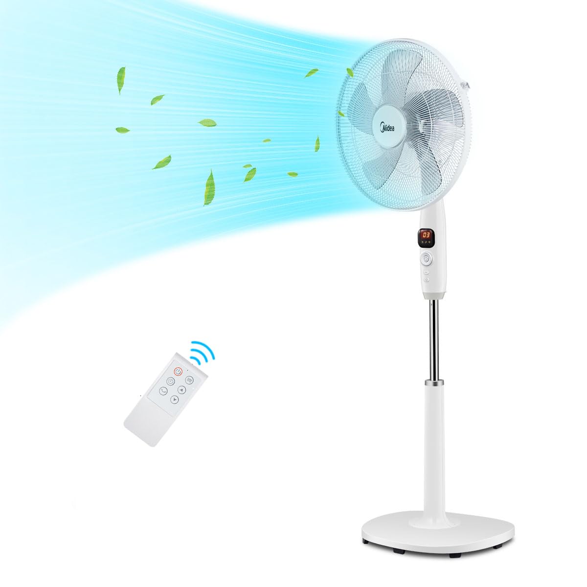 Midea FS40-15FR Standventilator Leise mit Fernbedienung, 3 Geschwindigkeitsstufen,LED Anzeige, 7,5H Timer, höhenverstellbar, 80°Oszil-lationsfunktion, 55W Kraftvoller,Ventilator,Luftzirkulation