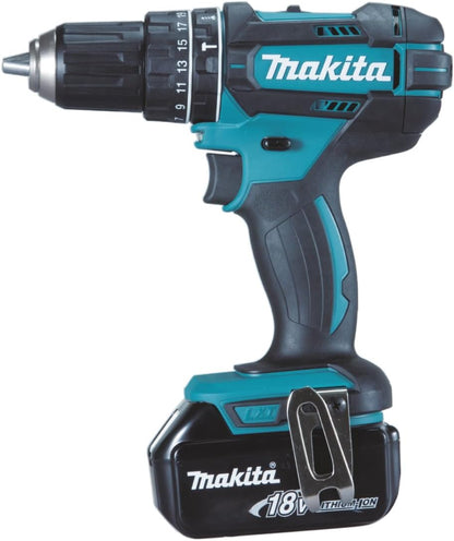 Makita DHP482RFX9 Schlagbohrschrauber 18V / 3,0 Ah, 2 Akkus plus Ladegerät im Alukoffer, Petrol, 96-tlg. Zubehör-Set