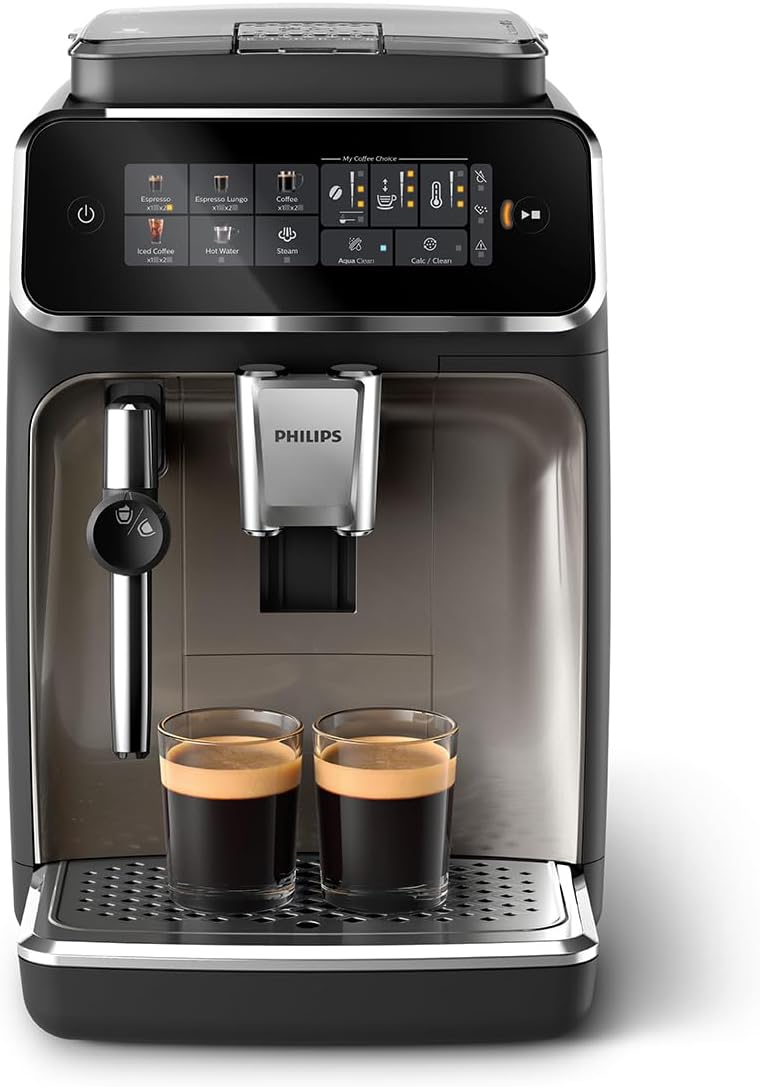 Philips 3300 Series Kaffeevollautomat - 5 Getränke, Intuitives Touch-Display, Klassischer Milchaufschäumer, SilentBrew, 100% Keramikmahlwerk, AquaClean Filter. Schwarzchrom (EP3326/90)