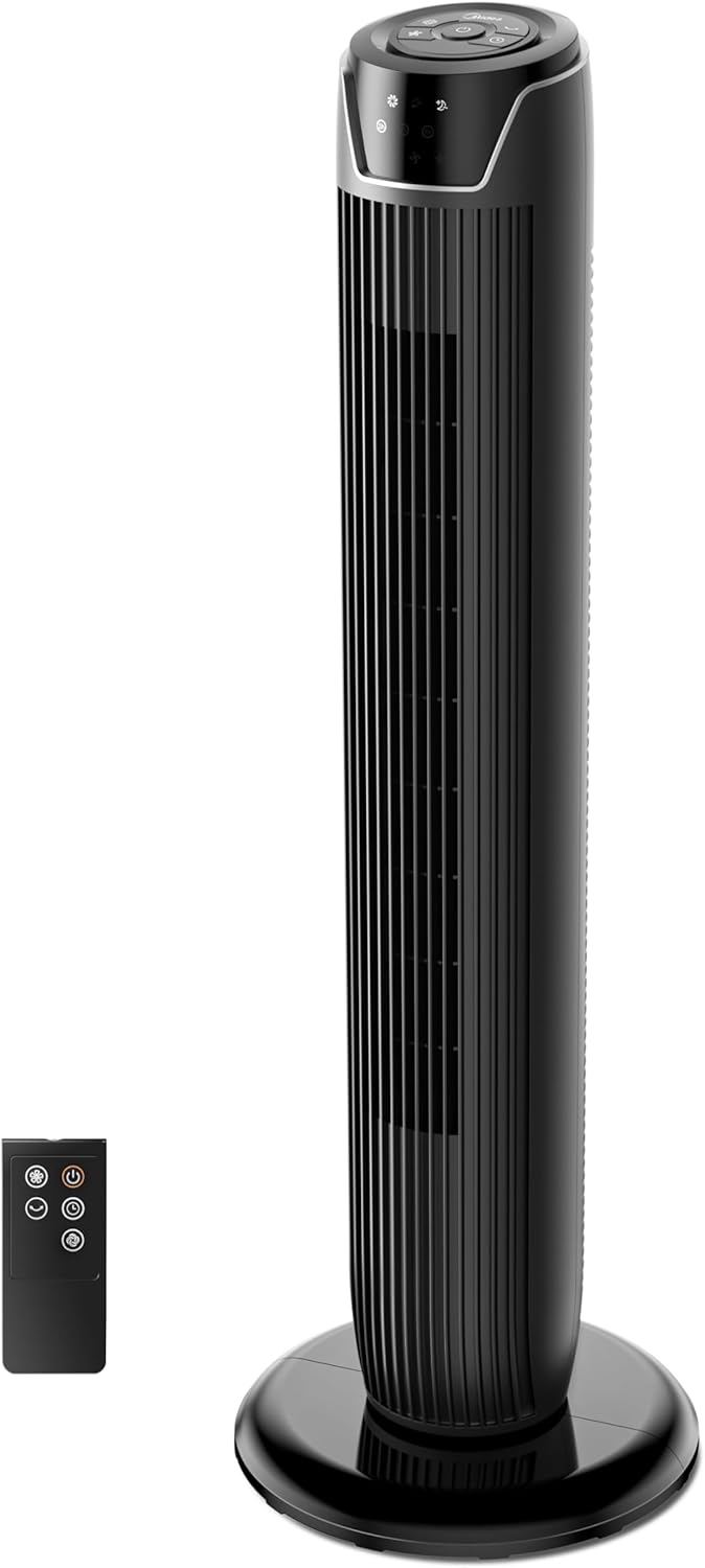 Midea FZ10-17JR Turmventilator Leise mit Fernbedienung 92CM, mobiler Lüfter,Ventilator Säulenventilator,7 Stunden Timer,3 Modi,3 Geschwindigkeiten,45W Standventilator,Schwarz
