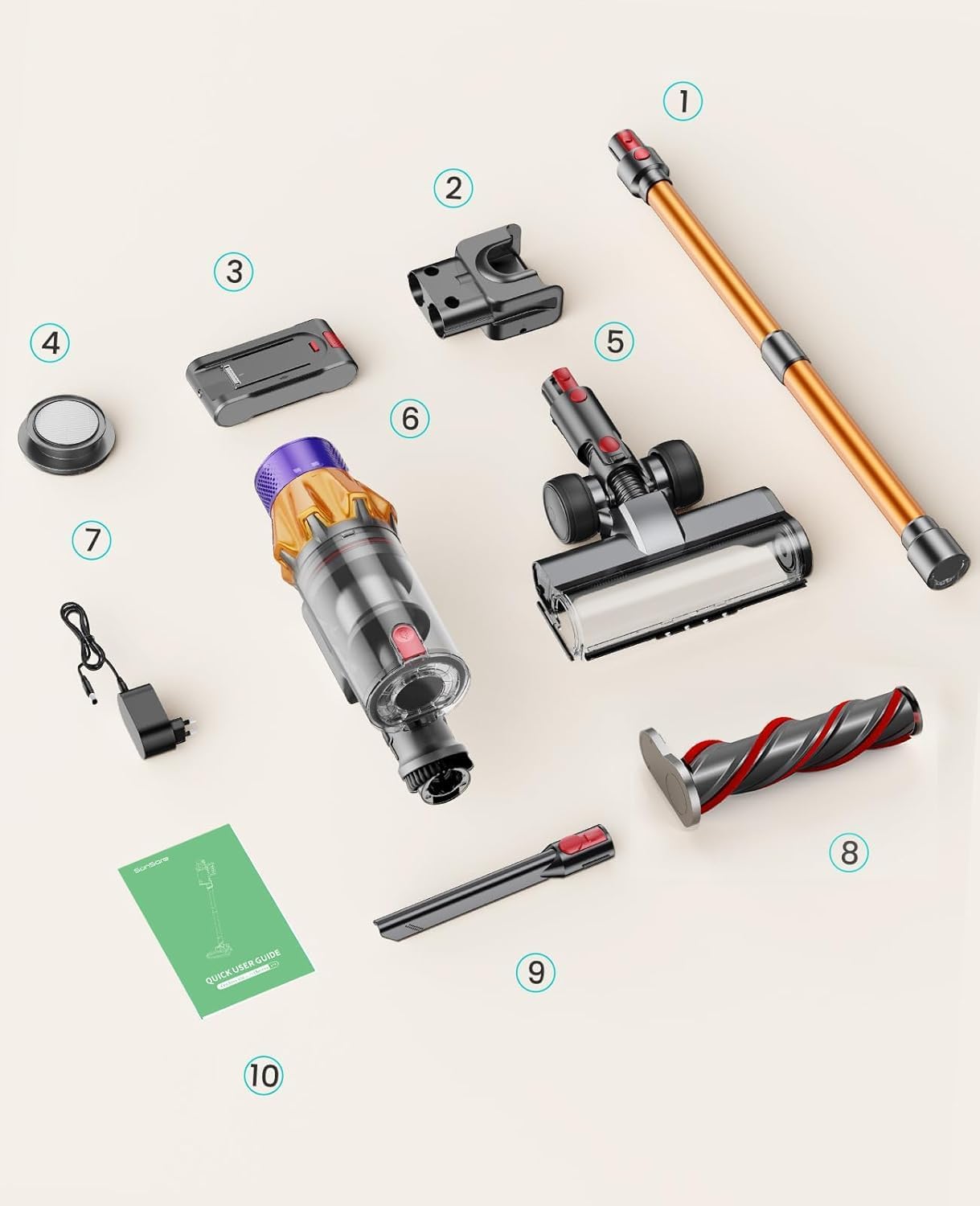 SunSare Akku Staubsauger 550W/45000Pa/60Min, Staubsauger Kabellos mit Smart Display und Ladestation, Leichter Antiverwicklung Akkusauger, Super Leise akkustaubsauger für Hartböden Teppiche Tierhaare