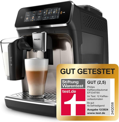 Philips 3300 Series Kaffeevollautomat - 6 Getränke, Modernes Farb-Touchscreen-Display, LatteGo-Milchsystem, SilentBrew, 100% Keramikmahlwerk, AquaClean Filter. Schwarzchrom (EP3347/90)