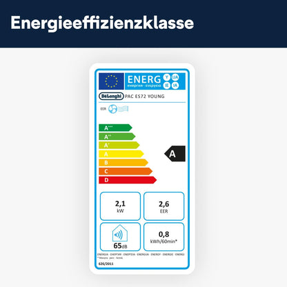 De'Longhi Pinguino Compact ES72 YOUNG, Mobiles Klimagerät, 8.300 BTU/h, für Räume bis zu 60m3, Entfeuchtungsfunktion, 24-Stunden-Timer, Energieeffizienzklasse A, Weiß