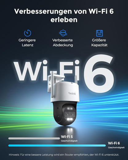 Reolink 4K 8MP Wi-Fi 6 PTZ Überwachungskamera Aussen mit Dual-Objektiv, Auto-Tracking, Smarte Personen-/Fahrzeug-/Tiererkennung, 6X Hybrid-Zoom, Farbnachtsicht, 2-Wege-Audio, TrackMix WiFi