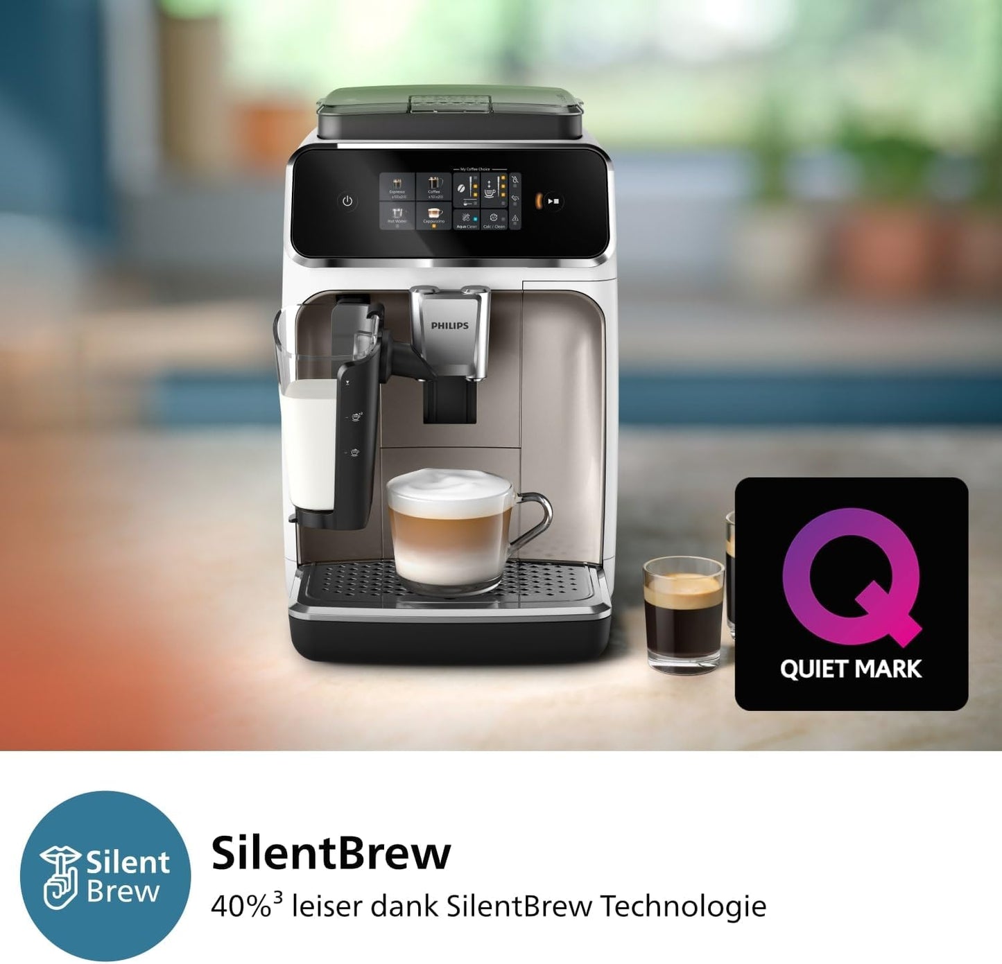 Philips 2300 Serie Vollautomatische Espressomaschine - 4 Getränke, modernes Farb-Touchscreen-Display, LatteGo-Milchsystem, SilentBrew, Keramikmahlwerk, AquaClean-Filter. Weißes Chrom (EP2333/40)