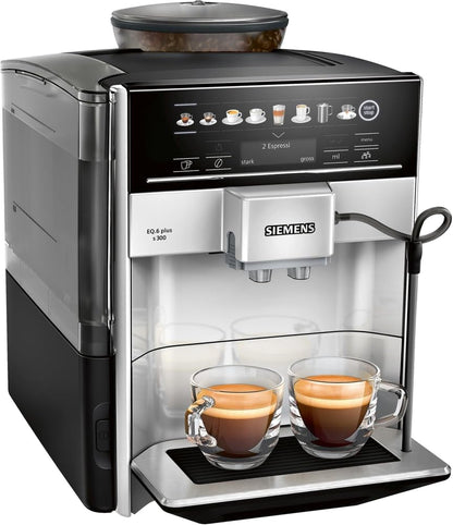 SIEMENS Kaffeevollautomat EQ6 plus s300 TE653501DE, für viele Kaffeespezialitäten, Milch-Aufschäumdüse, Keramikmahlwerk, Doppeltassenfunktion, Antikalk, automatische Dampfreinigung, 1500 W, silber