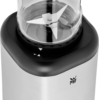 WMF Kult X Mix & Go Mini Smoothie Maker, Standmixer, Blender elektrisch, Shake Mixer 300 Watt Leistung, Tritan-Kunststoff Flasche 600ml, auslaufsicherer Schraubdeckel, rutschfeste Füße, Silber/Schwarz