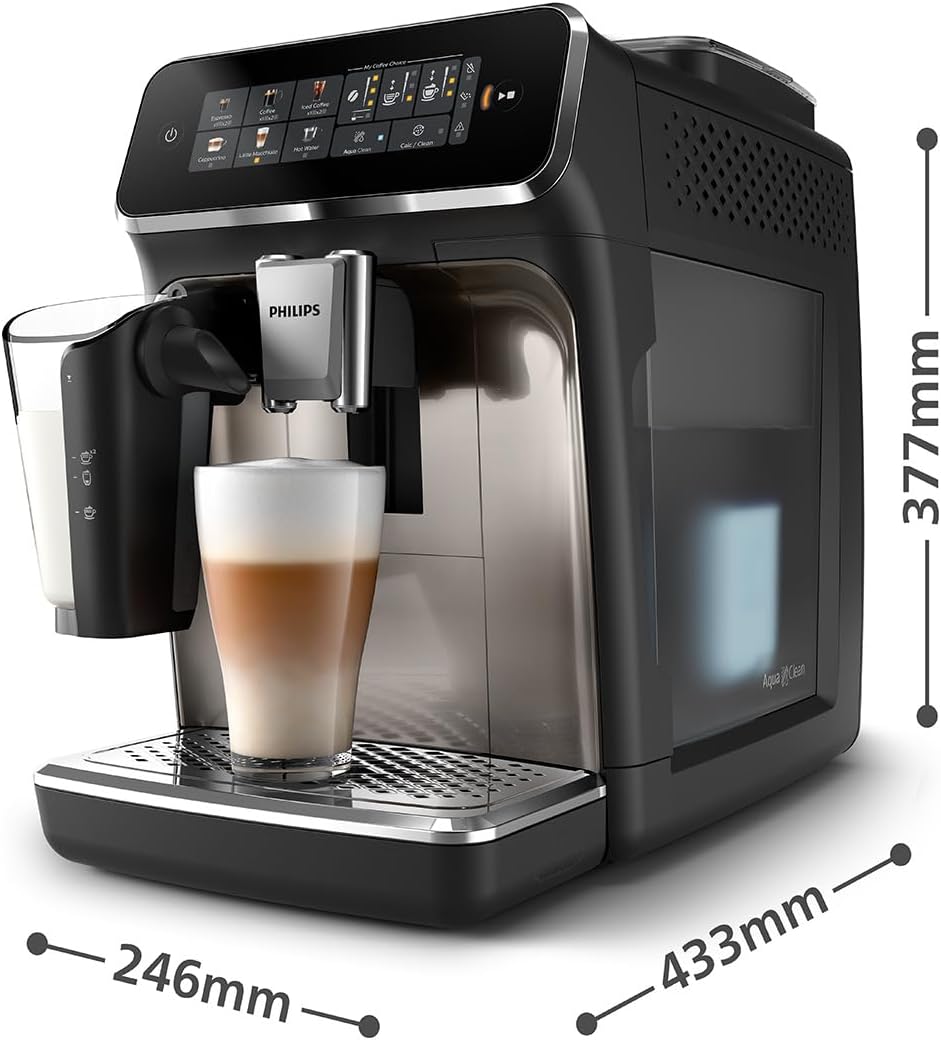 Philips 3300 Series Kaffeevollautomat - 6 Getränke, Modernes Farb-Touchscreen-Display, LatteGo-Milchsystem, SilentBrew, 100% Keramikmahlwerk, AquaClean Filter. Schwarzchrom (EP3347/90)