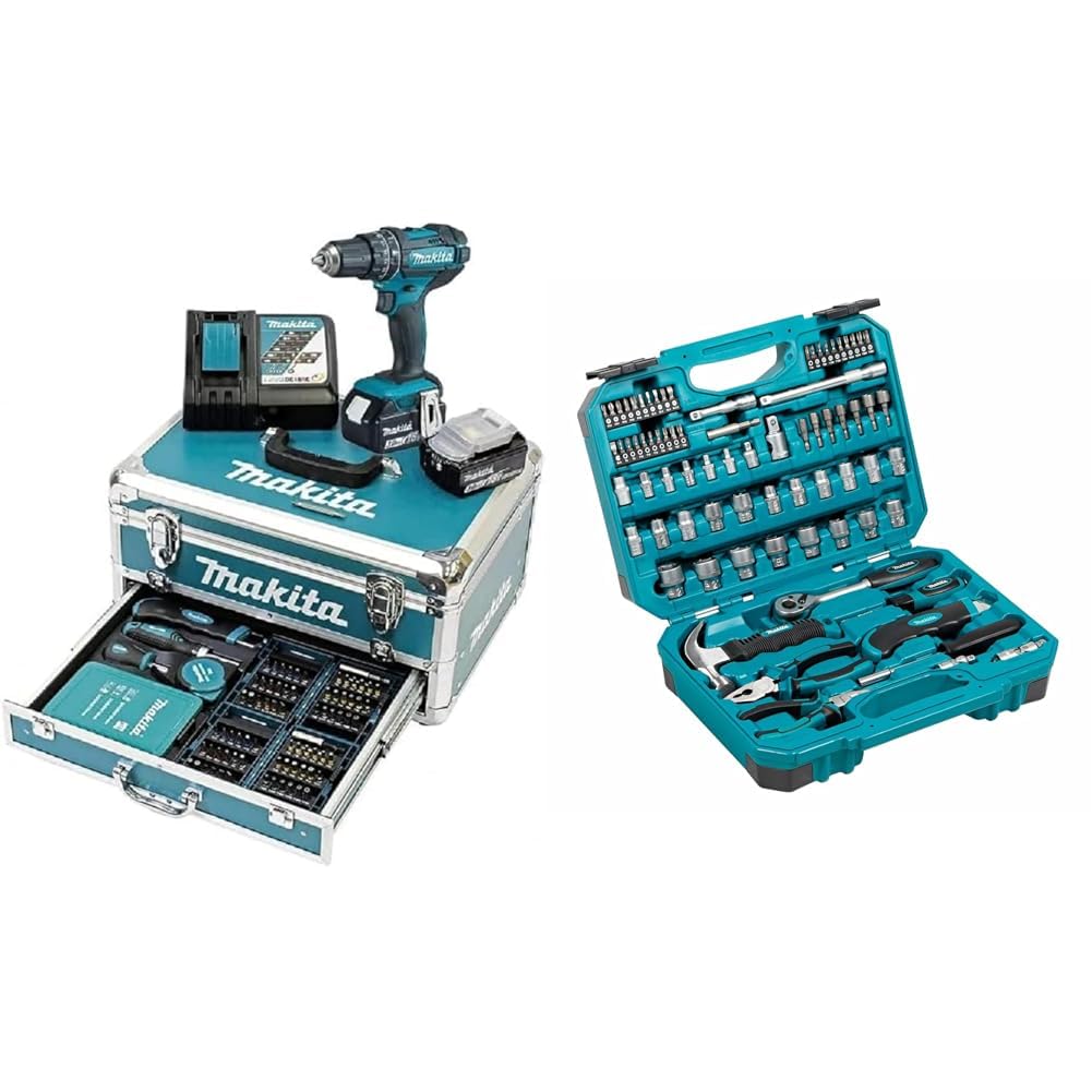 Makita DHP482RFX9 Schlagbohrschrauber 18V / 3,0 Ah, 2 Akkus plus Ladegerät im Alukoffer, Petrol, 96-tlg. Zubehör-Set