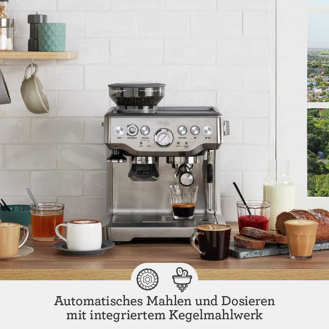 Sage - The Barista Express - Kaffeemaschine mit manuellem Milchaufschäumer & integriertem Mahlwerk - 16 Mahlgradeinstellungen, automatisches Mahlen, individueller Milchschaum - Gebürsteter Edelstahl