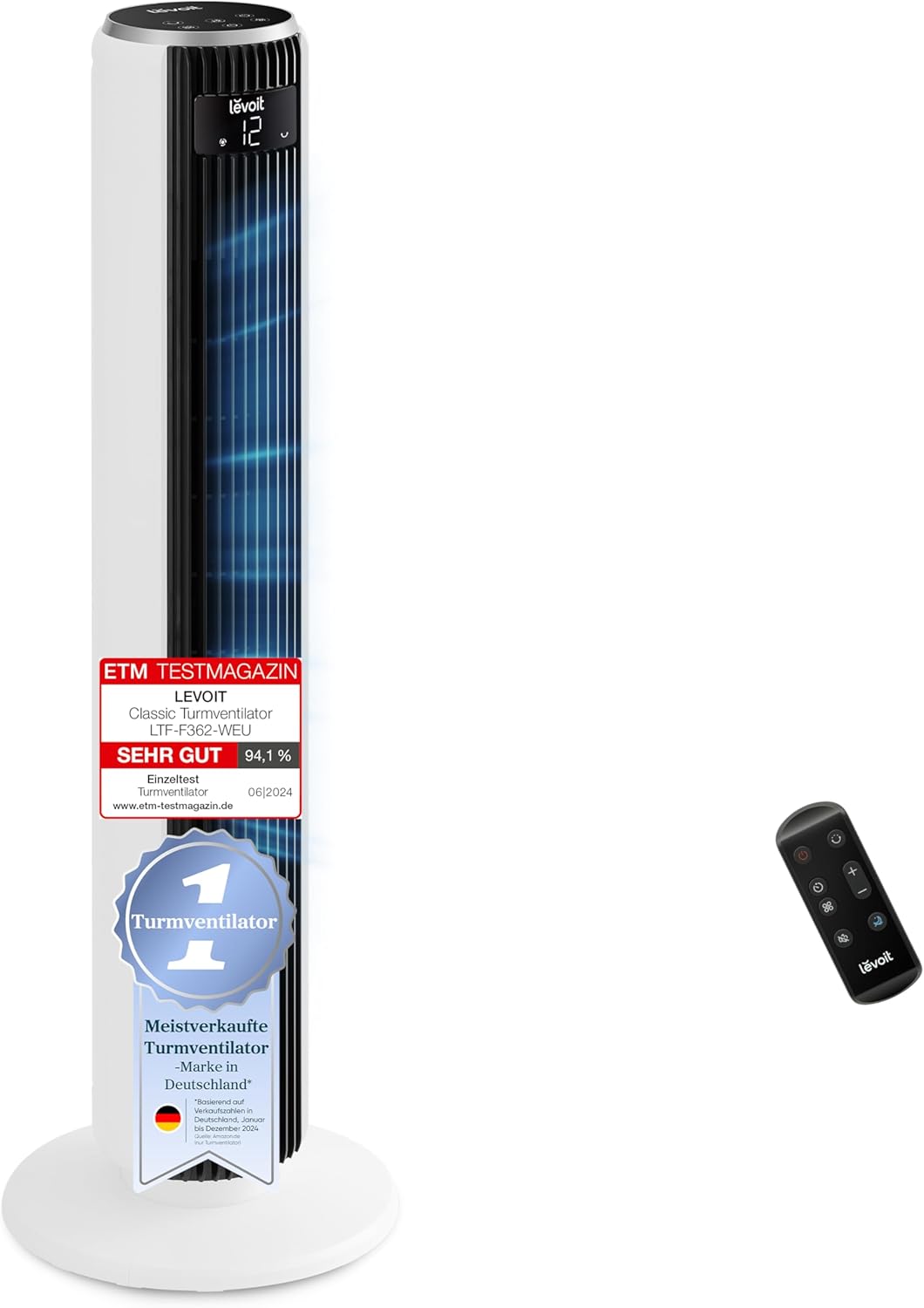Levoit - DC Motor Turmventilator - 20dB sehr leiser Ventilator - 4 Modi/12 Stufen/12 Std Timer - Fan mit Fernbedienung & Kühlung - Tower Fan mit 7,9m/s Geschwindigkeit - 24W Standventilator