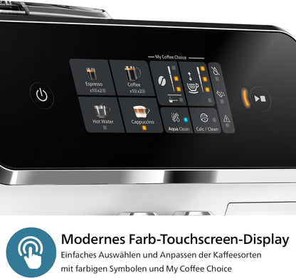 Philips 2300 Serie Vollautomatische Espressomaschine - 4 Getränke, modernes Farb-Touchscreen-Display, LatteGo-Milchsystem, SilentBrew, Keramikmahlwerk, AquaClean-Filter. Weißes Chrom (EP2333/40)