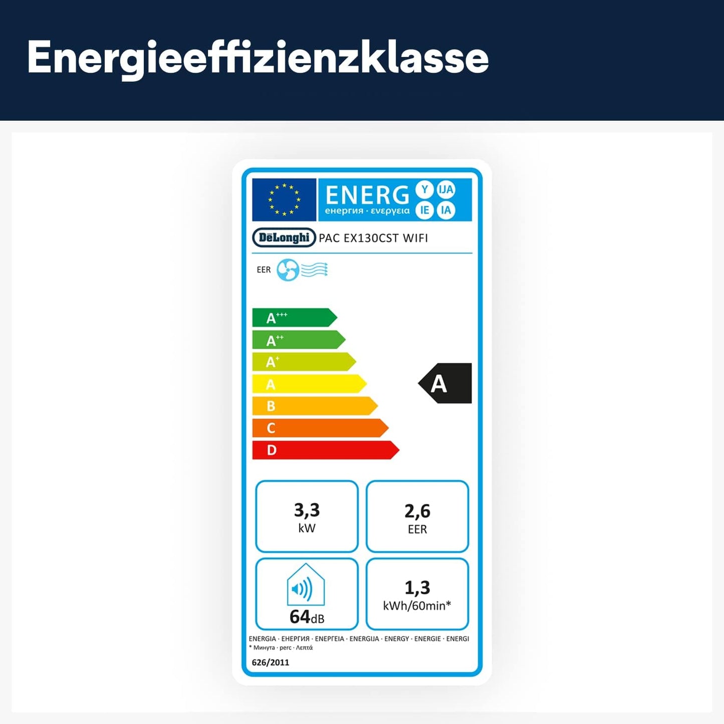 De'Longhi Pinguino PAC EX130 CST WiFi Mobiles Klimagerät mit Abluftschlauch, Klimaanlage für Räume bis bis 120m³, Luftentfeuchter, Ventilationsfunktion, 24h-Timer, Energieeffizienzklasse A, Weiß