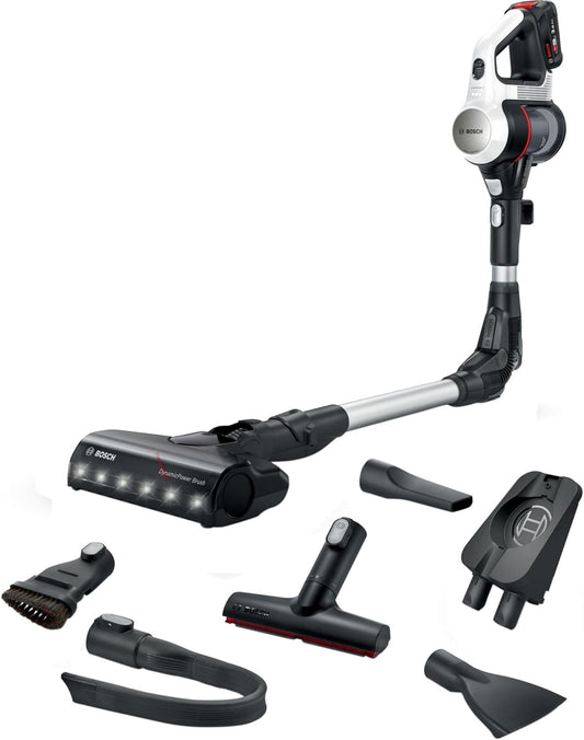Bosch Akku-Staubsauger Unlimited 7 BSS711W, kabelloser Handstaubsauger, beutellos, Wechselakku, Knickrohr, Hygiene-Filter, 10 Jahre Motorgarantie, XXL-Polsterdüse, LED-Beleuchtung, Turbostufe, weiß