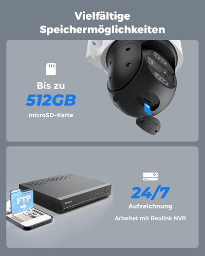 Reolink 4K 8MP Wi-Fi 6 PTZ Überwachungskamera Aussen mit Dual-Objektiv, Auto-Tracking, Smarte Personen-/Fahrzeug-/Tiererkennung, 6X Hybrid-Zoom, Farbnachtsicht, 2-Wege-Audio, TrackMix WiFi