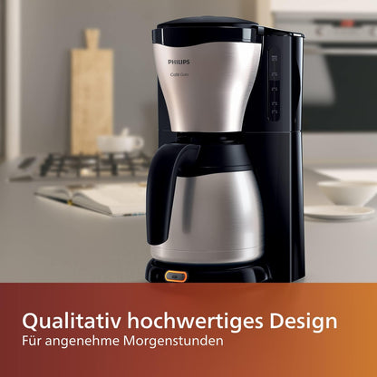 Philips Café Gaia Filterkaffeemaschine – Edelstahl-Thermoskanne, Tropf-Stopp, Intensives Aroma, Automatische Abschaltung, 1.300 ml, Schwarz (HD7546/20)