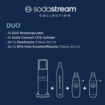 SodaStream Wassersprudler DUO mit Quick-Connect CO2-Zylinder| inkl. 2x 1L Glasflasche und 2x 1L FUSE Kunststoffflasche (spülmaschinengeeignet) | Farbe: Titan