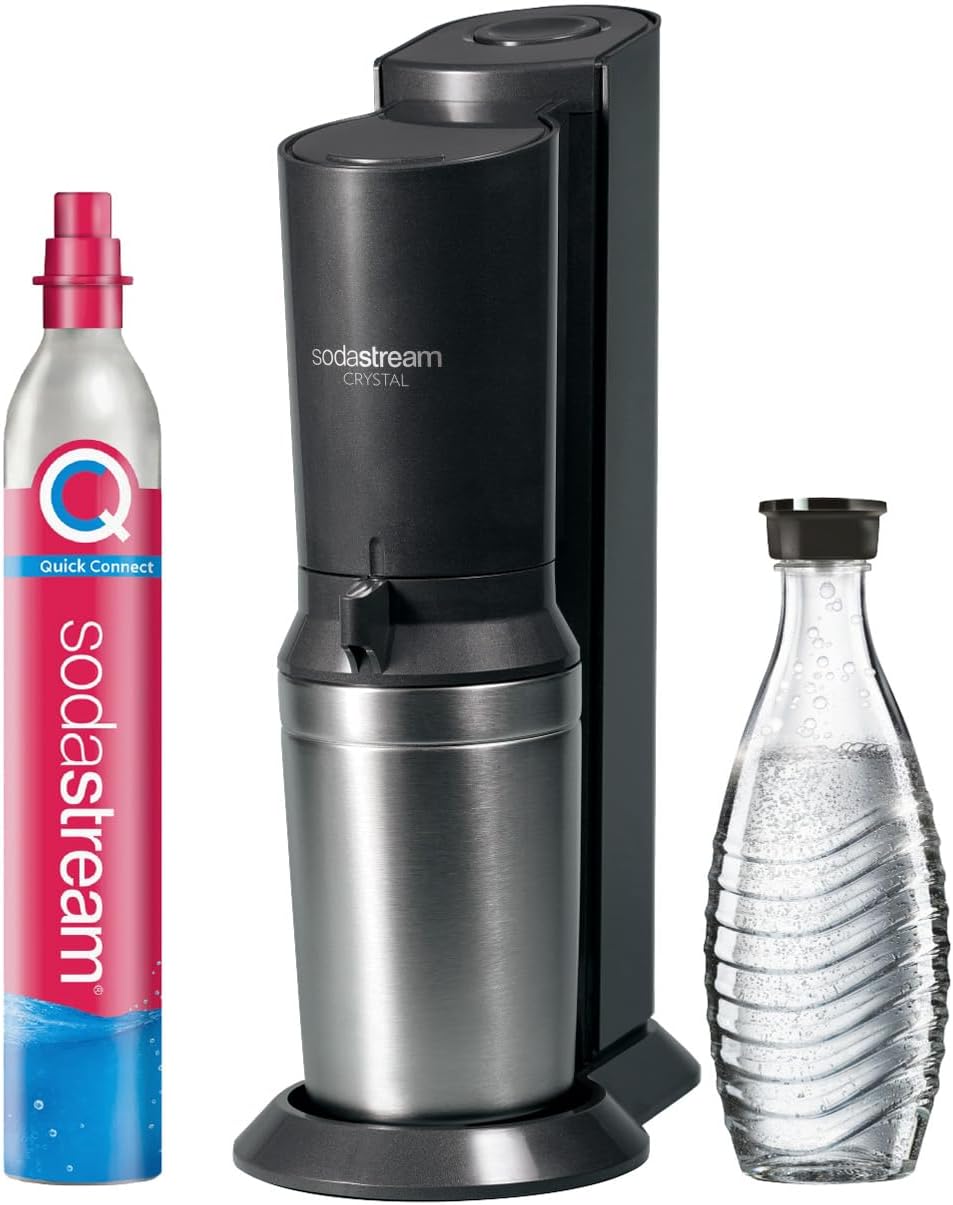 SodaStream Wassersprudler Crystal 3.0 Quick-Connect CO2-Zylinder und 1x Glaskaraffen, Silber, Schwarz/Titan, 45 cm