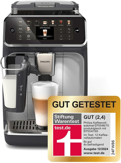 Philips Serie 5500 Kaffeevollautomat – LatteGo Milchsystem, 20 heiße und kalte Kaffeespezialitäten, 40% leiser mit SilentBrew, QuickStart, Schwarz und Silber (EP5546/70)