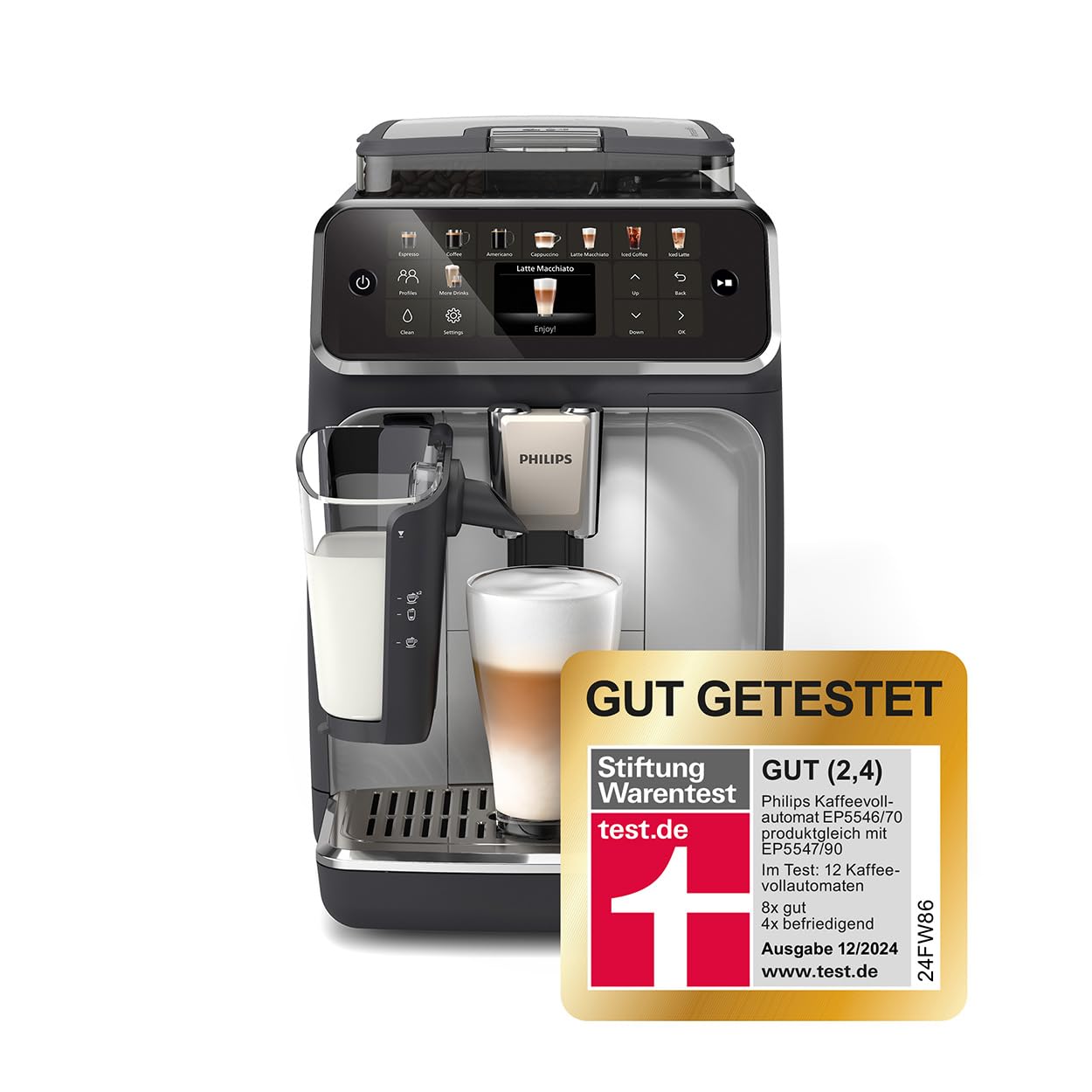 Philips Serie 5500 Kaffeevollautomat – LatteGo Milchsystem, 20 heiße und kalte Kaffeespezialitäten, 40% leiser mit SilentBrew, QuickStart, Grau (EP5544/50)