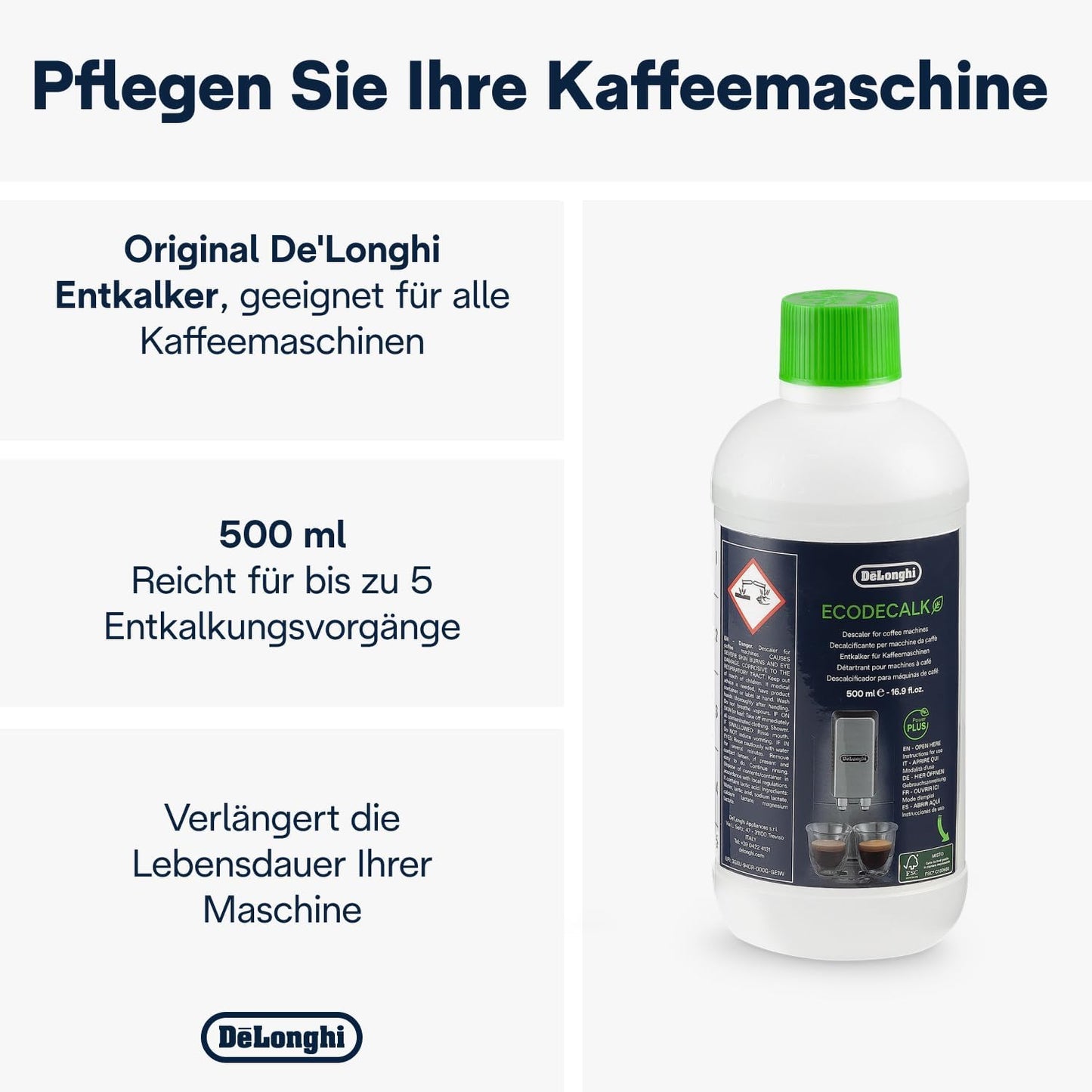De'Longhi EcoDecalk Entkalker DLSC500, 5 Entkalkungs Dosen, Kaffee Maschinen Entkalker, Kaffee Maschinen Wartungs Zubehör, Pflanzliche Inhaltsstoffe, Flasche mit 5 Dosen, 500ml
