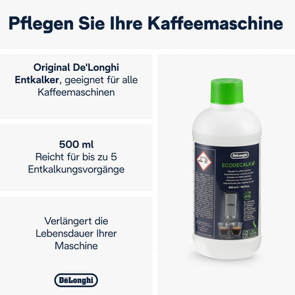 De'Longhi EcoDecalk Entkalker DLSC500, 5 Entkalkungs Dosen, Kaffee Maschinen Entkalker, Kaffee Maschinen Wartungs Zubehör, Pflanzliche Inhaltsstoffe, Flasche mit 5 Dosen, 500ml