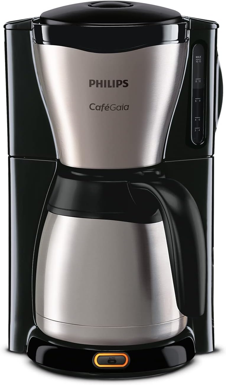 Philips Café Gaia Filterkaffeemaschine – Edelstahl-Thermoskanne, Tropf-Stopp, Intensives Aroma, Automatische Abschaltung, 1.300 ml, Schwarz (HD7546/20)