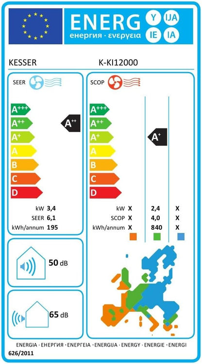 KESSER® Klimaanlage Set Split - mit WiFi/App Funktion Klimagerät - Kühlen A++/ Heizen A+ -12000 BTU/h (3.400 Watt) Kältemittel R32 - Fernbedienung, Timerfunktion - Inkl. komplettem Montagematerial