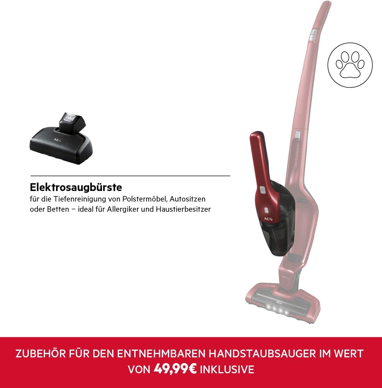 AEG Ergorapido 2in1 Akku Staubsauger, Beutellos, inkl. Tierhaardüse, bis zu 45 Min. Laufzeit, Freistehend, 180° Drehgelenk, Bürstenreinigungsfunktion, LED-Frontlichter, Rot, CX7-2-45AN