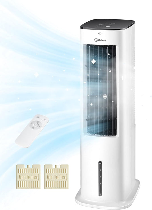 Midea 4-in-1 Mobile Klimaanlage ohne Abluftschlauch | Turmventilator mit Wasserkühlung & Luftbefeuchter | | Luftkühler mobil mit 5L Wassertank, 355m³/h Luftstrom, Ionisation, Fernbedienung (55W, Weiß)