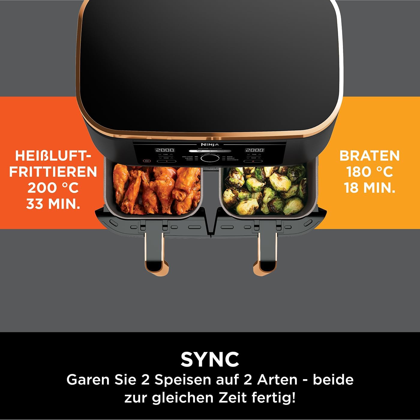 Ninja Foodi MAX Dual Zone Heißluftfritteuse, 9,5L Airfryer, 2 Fächer, mit Zange, Antihaftbeschichtung, spülmaschinenfeste Körbe, 6-in-1, Amazon Exklusiv, Kupfer/Schwarz, AF400EUCP