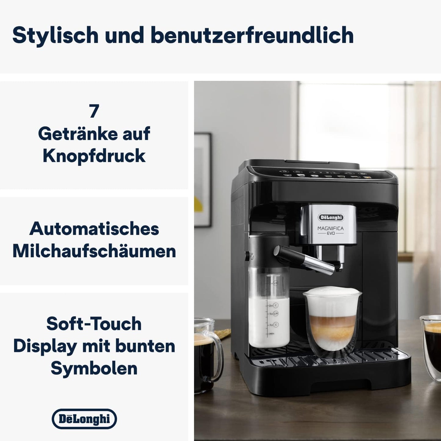 De'Longhi Magnifica Evo ECAM 292.81.B Kaffeevollautomat mit LatteCrema Milchsystem, 7 Direktwahltasten für Cappuccino, Espresso und weitere Kaffeespezialitäten, 2-Tassen-Funktion, Schwarz