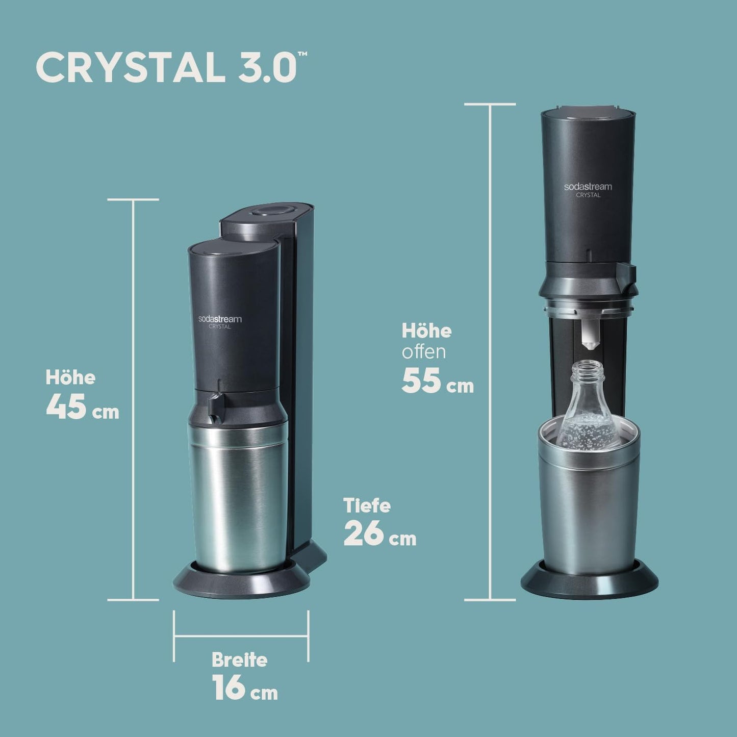 SodaStream Wassersprudler CRYSTAL 3.0 mit Quick-Connect CO2-Zylinder| inkl. 2x 0,8L CRYSTAL Glasflasche | Farbe: Titan