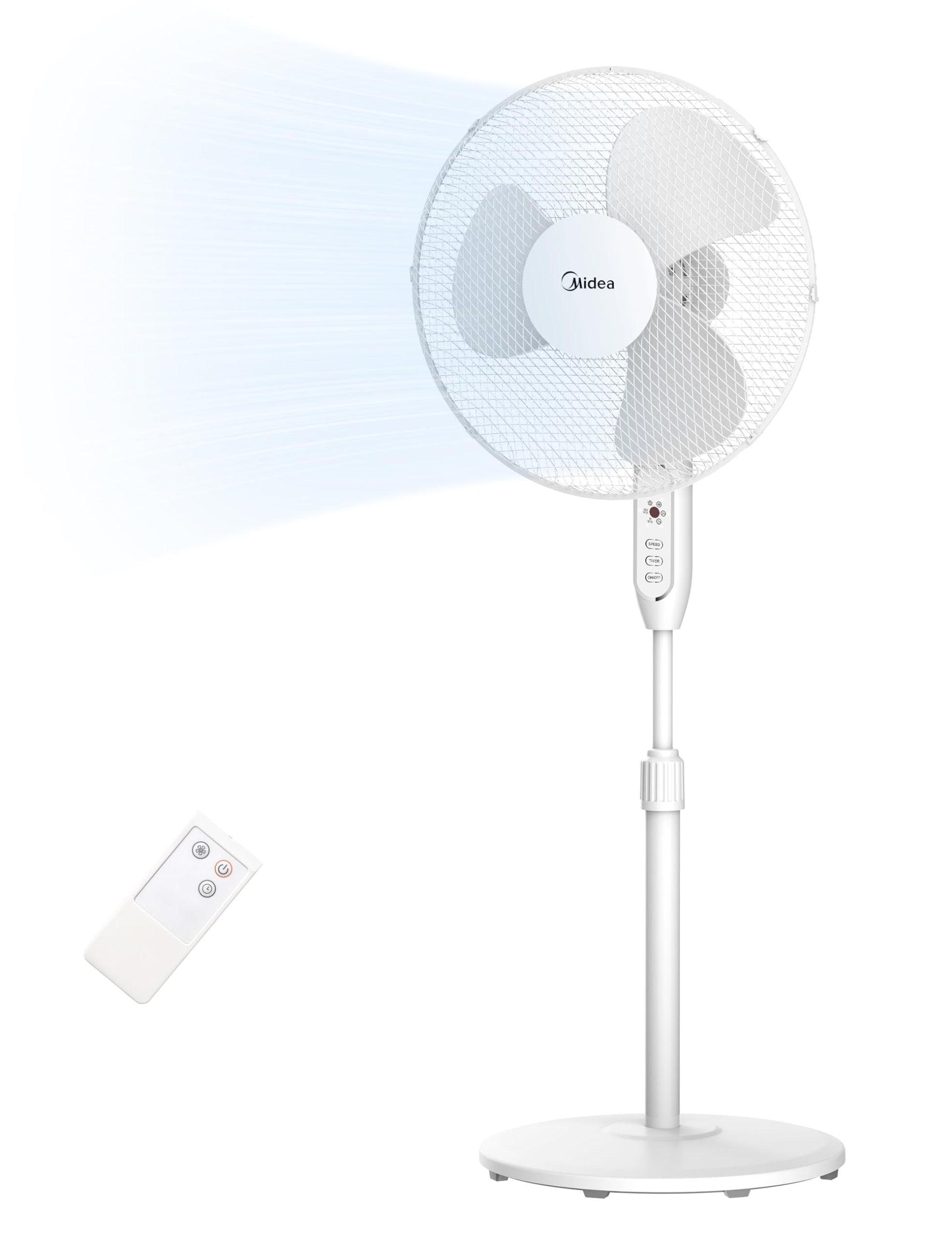 Midea FS40-15FR Standventilator Leise mit Fernbedienung, 3 Geschwindigkeitsstufen,LED Anzeige, 7,5H Timer, höhenverstellbar, 80°Oszil-lationsfunktion, 55W Kraftvoller,Ventilator,Luftzirkulation