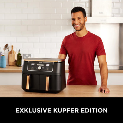 Ninja Foodi MAX Dual Zone Heißluftfritteuse, 9,5L Airfryer, 2 Fächer, mit Zange, Antihaftbeschichtung, spülmaschinenfeste Körbe, 6-in-1, Amazon Exklusiv, Kupfer/Schwarz, AF400EUCP