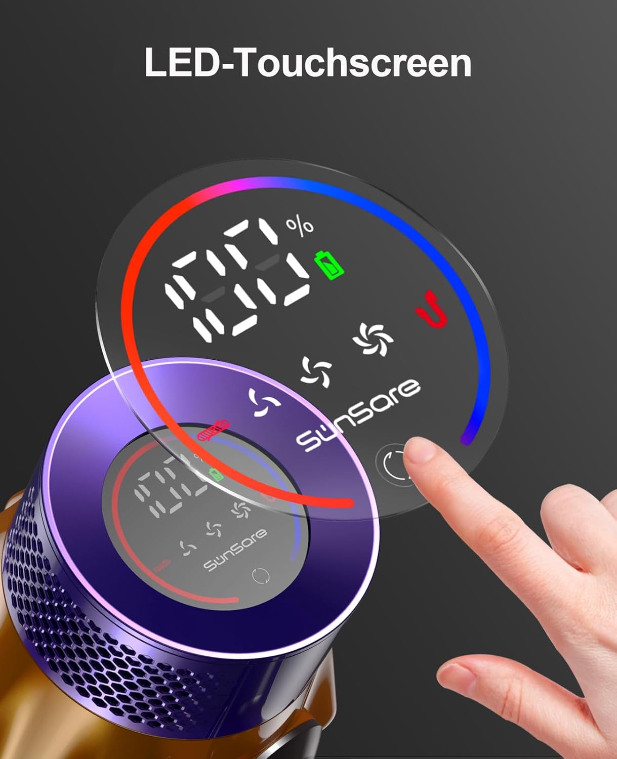 SunSare Akku Staubsauger 550W/45000Pa/60Min, Staubsauger Kabellos mit Smart Display und Ladestation, Leichter Antiverwicklung Akkusauger, Super Leise akkustaubsauger für Hartböden Teppiche Tierhaare