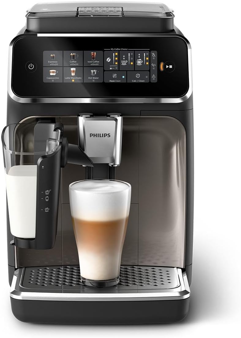 Philips 3300 Series Kaffeevollautomat - 6 Getränke, Modernes Farb-Touchscreen-Display, LatteGo-Milchsystem, SilentBrew, 100% Keramikmahlwerk, AquaClean Filter. Schwarzchrom (EP3347/90)