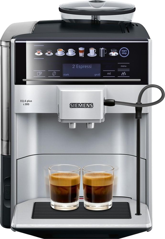 SIEMENS Kaffeevollautomat EQ6 plus s300 TE653501DE, für viele Kaffeespezialitäten, Milch-Aufschäumdüse, Keramikmahlwerk, Doppeltassenfunktion, Antikalk, automatische Dampfreinigung, 1500 W, silber